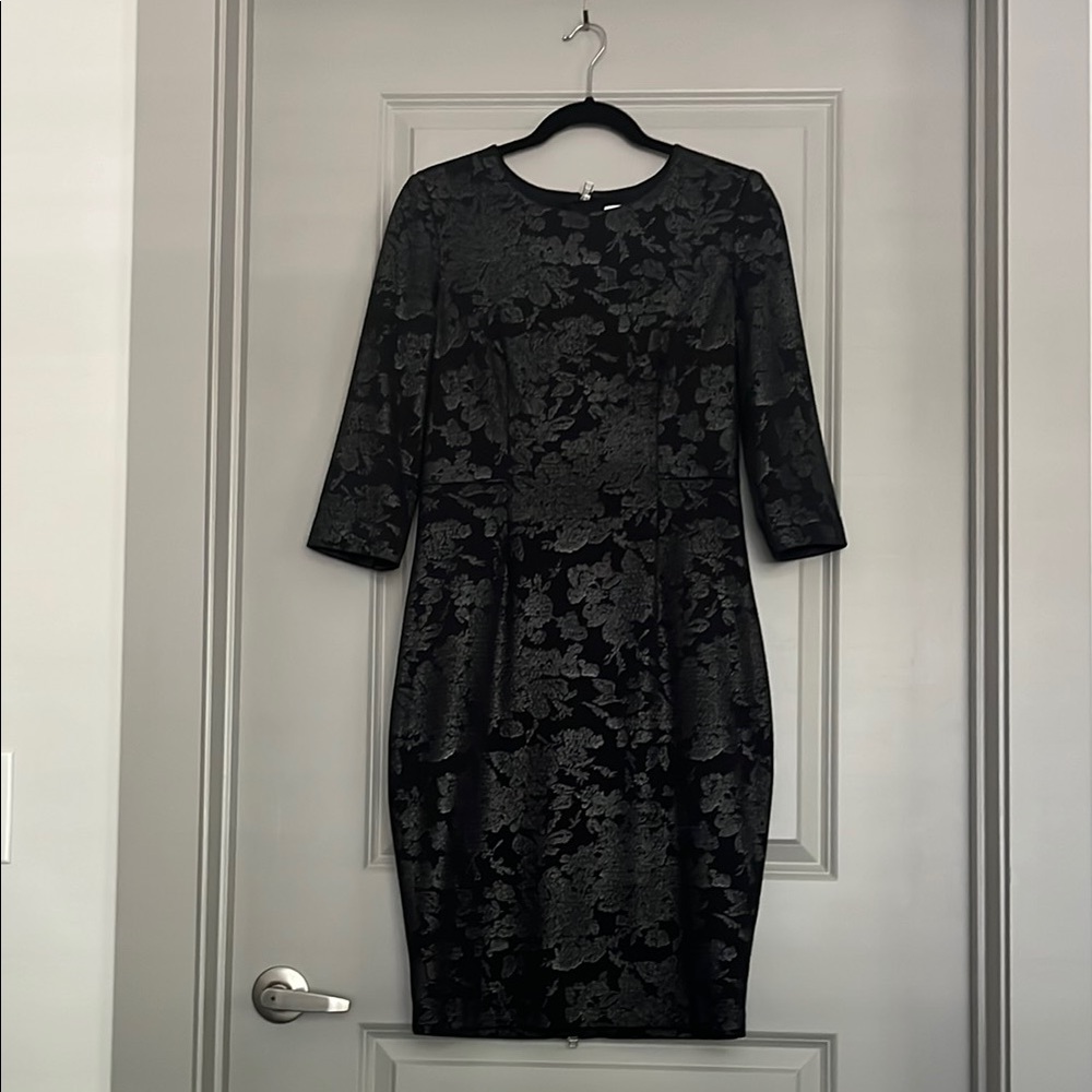 Badgley Mischka Black and Silver Floral 3/4 Sleeve Dress with Full Zipper Back